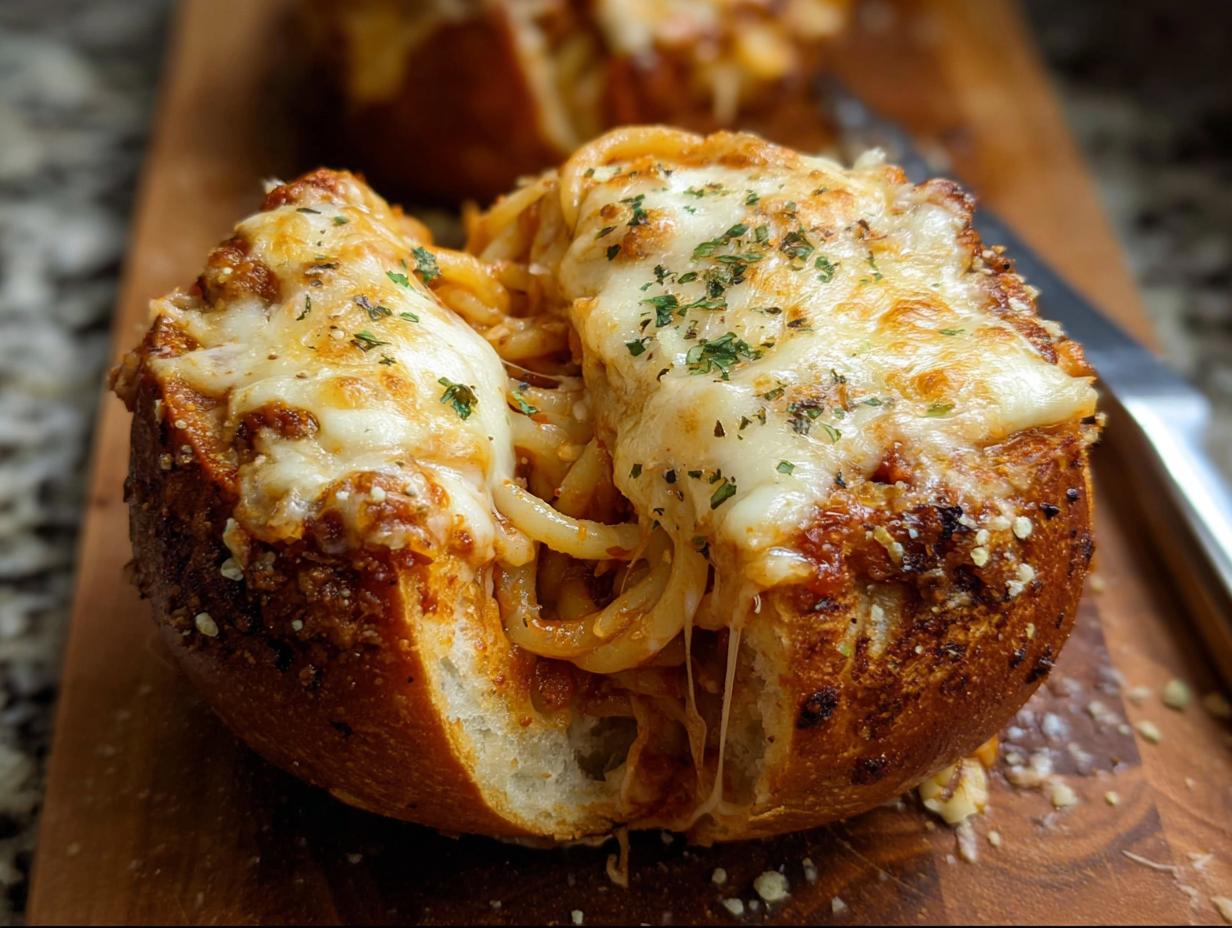 A close-up of an Easy Spaghetti Garlic Bread Bowl, filled with spaghetti and topped with melted cheese and herbs.