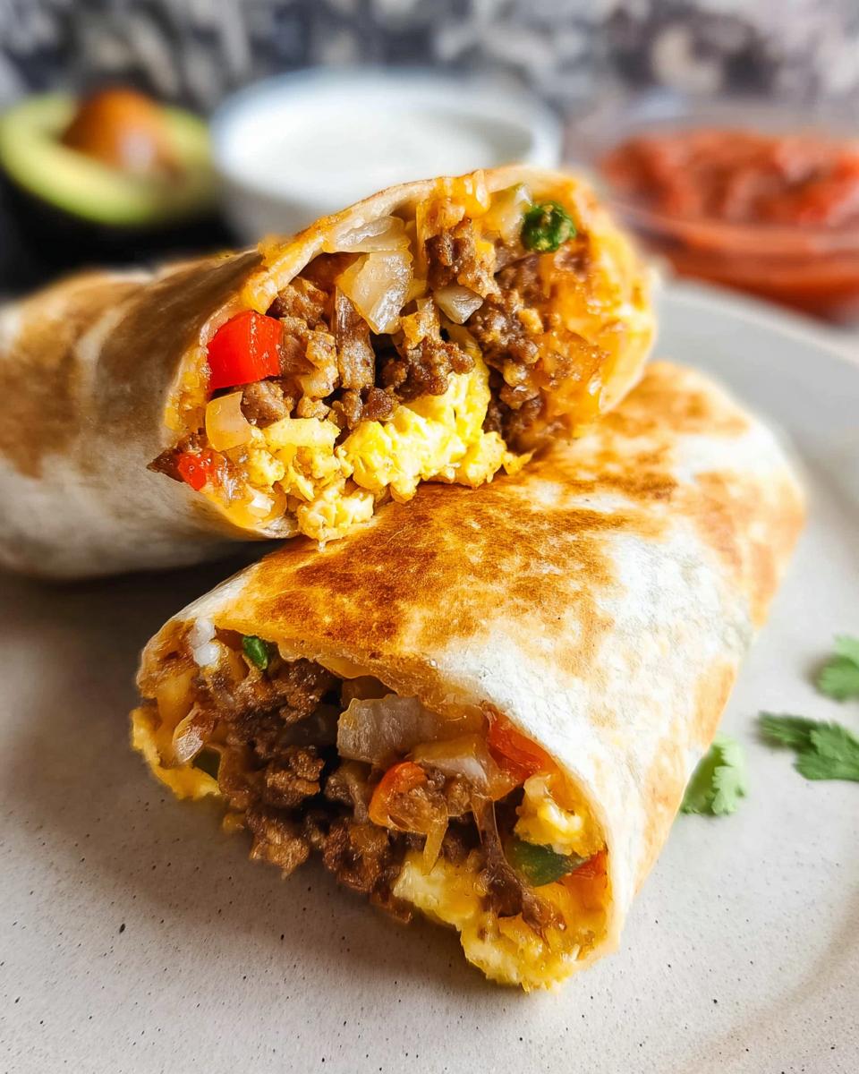 A close-up of a halved breakfast burrito, revealing scrambled eggs, seasoned ground meat, and vegetables.