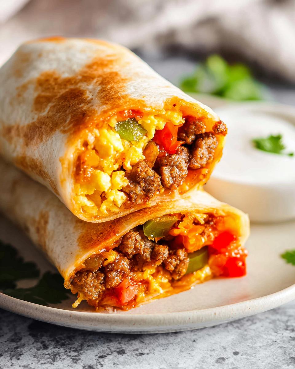 Close-up of two halves of a breakfast burrito filled with scrambled eggs, sausage, and peppers.