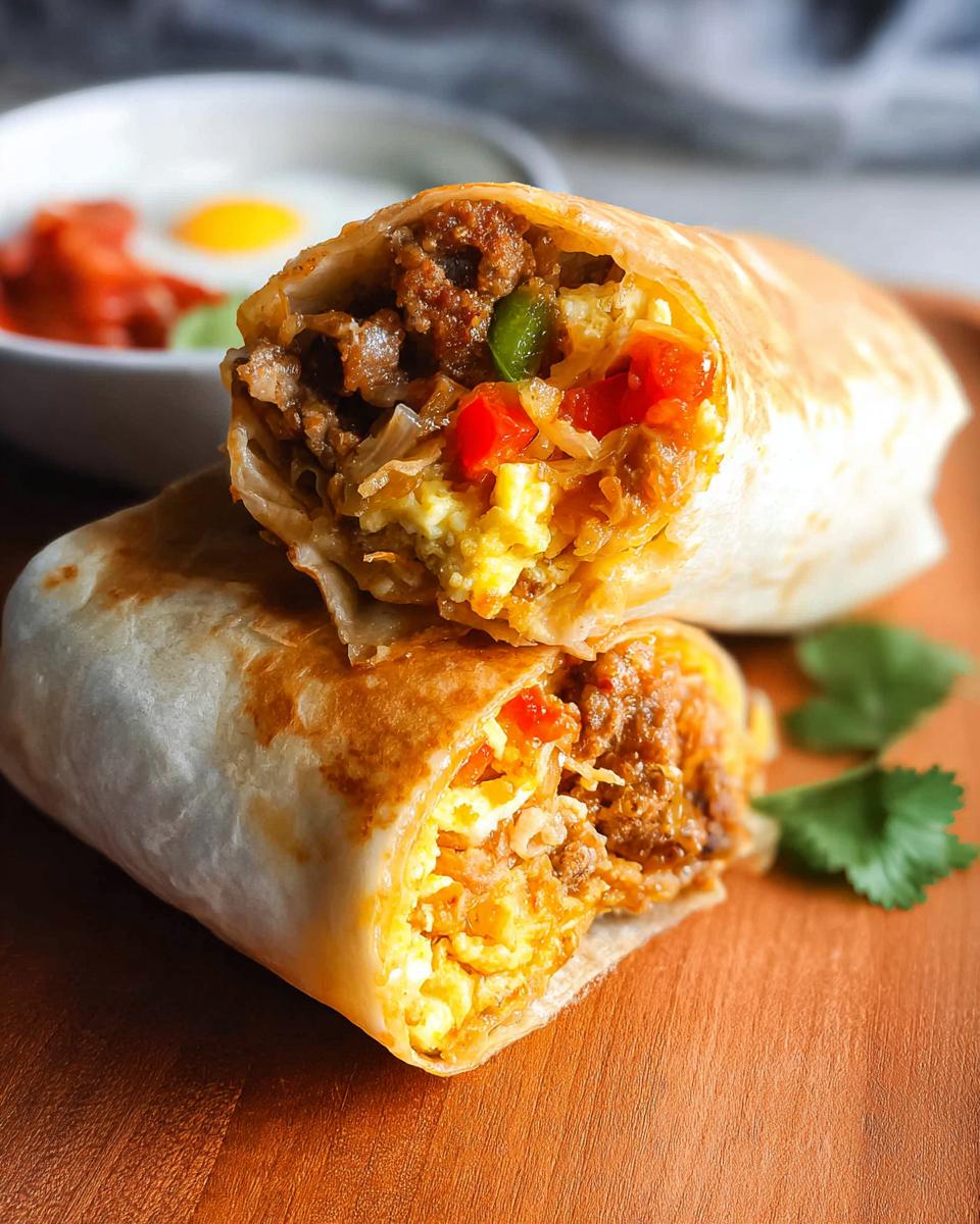 Close-up of two halves of an Effortless & Tasty Freezer Breakfast Burrito, revealing scrambled eggs, seasoned meat, and vegetables.