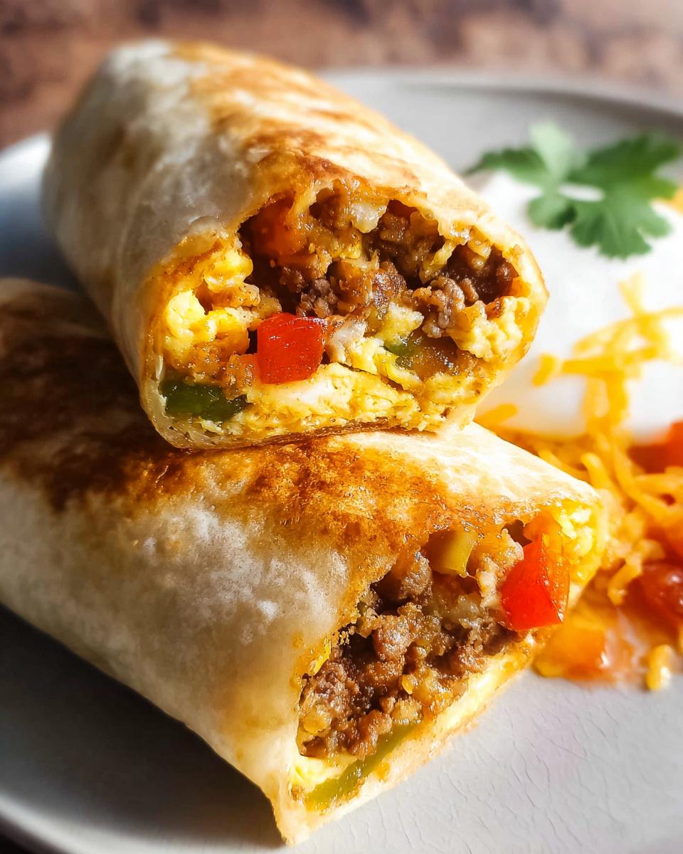 Close-up of a halved Effortless & Tasty Freezer Breakfast Burrito filled with scrambled eggs, ground meat, and peppers.