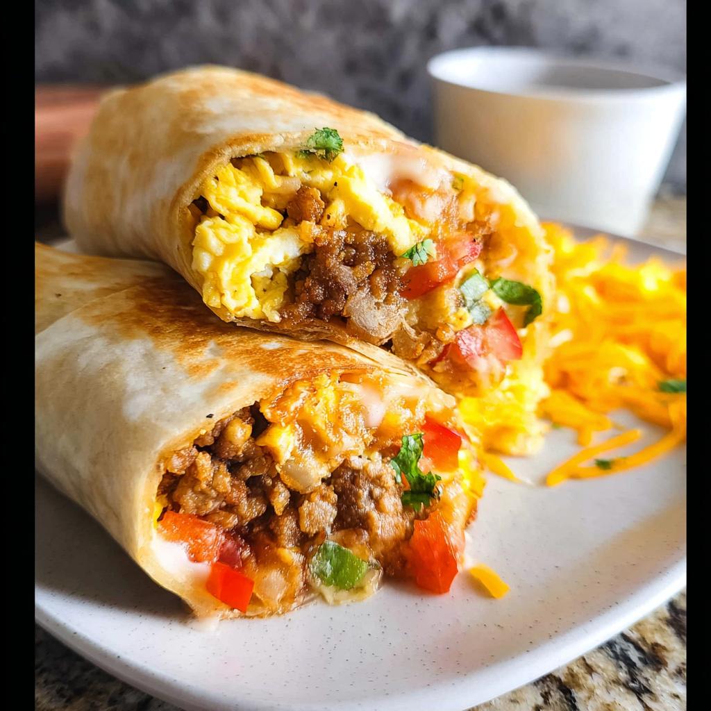 Close-up of two halves of an Effortless & Tasty Freezer Breakfast Burrito, showing scrambled eggs, seasoned meat, and diced tomatoes.
