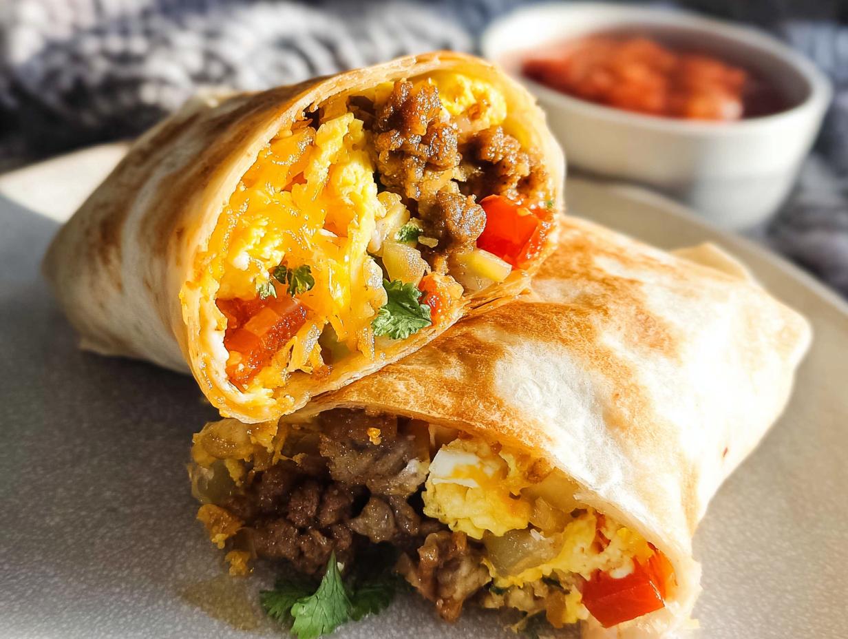 A close-up of two halves of an Effortless & Tasty Freezer Breakfast Burrito, filled with scrambled eggs, cheese, sausage, and peppers.