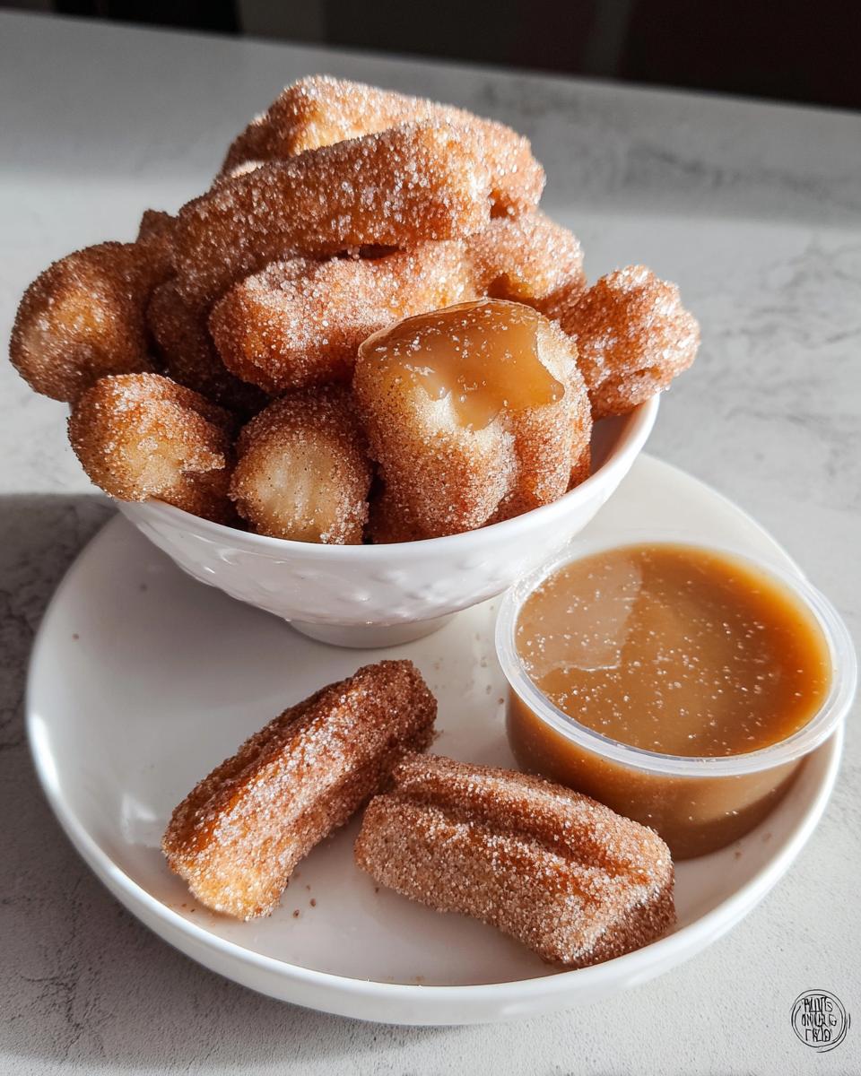 A bowl overflowing with fluffy air fryer churro bites coated in cinnamon sugar, served with a side of caramel dipping sauce.