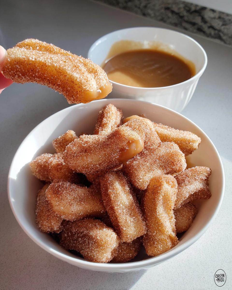 A hand holds a fluffy air fryer churro bite coated in cinnamon sugar, with a bowl of churro bites and caramel dip in the background.