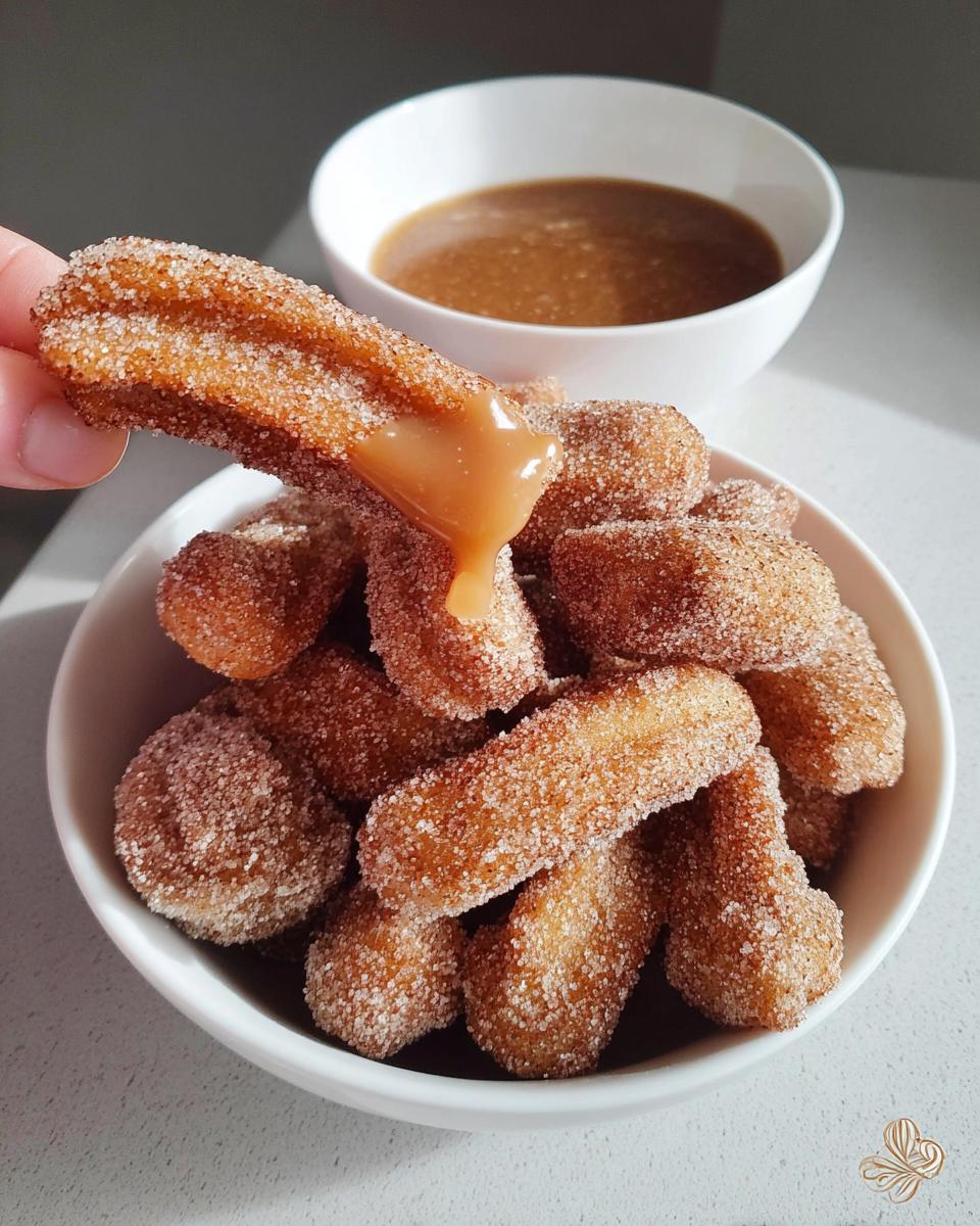 A hand holding a fluffy air fryer churro bite being dipped into caramel sauce, with a bowl of churro bites in the background.
