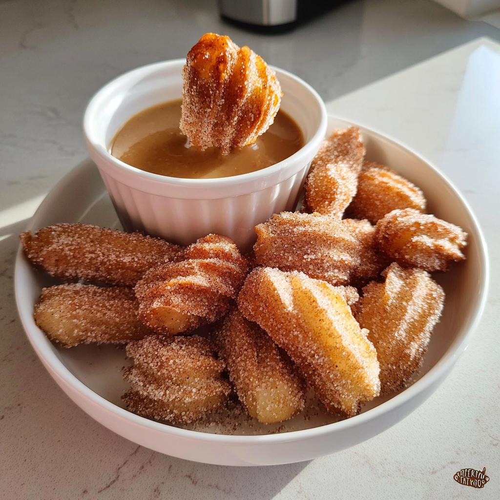 A bowl of fluffy air fryer churro bites coated in cinnamon sugar, with one bite being dipped into a caramel sauce.