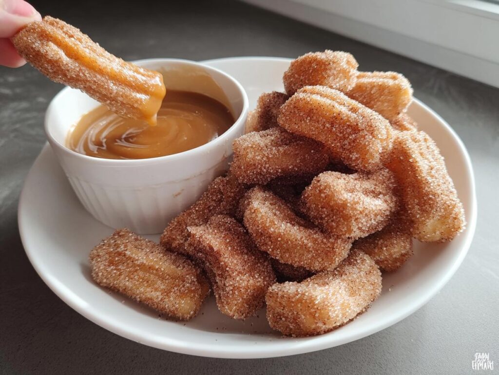 A hand dips a fluffy air fryer churro bite into a bowl of caramel sauce, with a pile of churro bites on a plate.