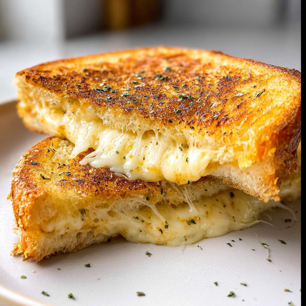 A close-up of a gooey Garlic Bread Grilled Cheese sandwich, with melted cheese oozing out.