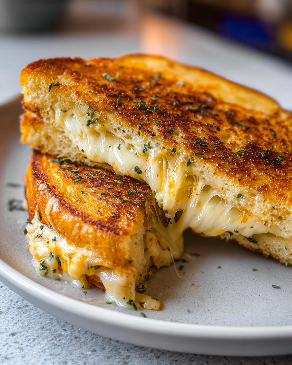 Close-up of a gooey Garlic Bread Grilled Cheese sandwich, cut in half, with melted cheese stretching out.