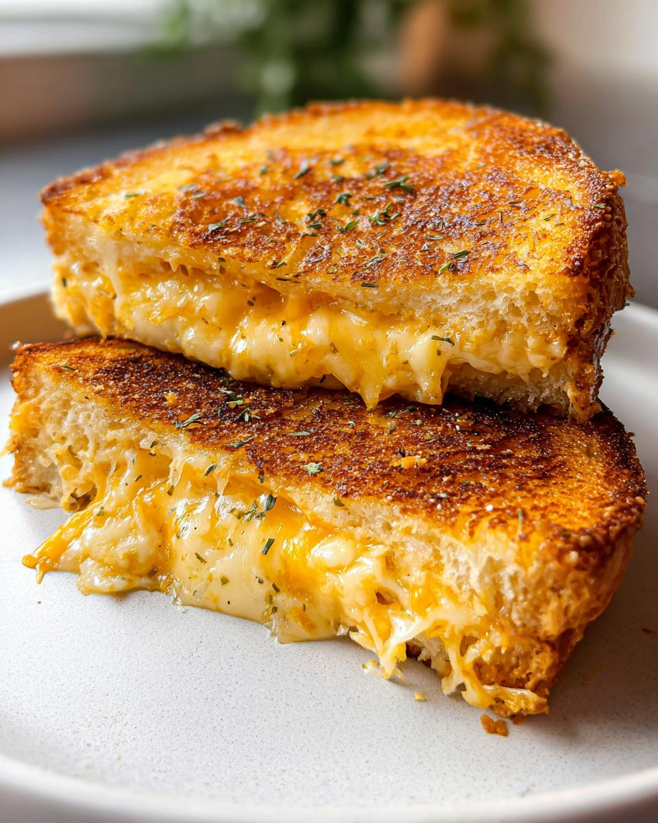 A close-up of a gooey Garlic Bread Grilled Cheese sandwich, stacked and oozing with melted cheese.