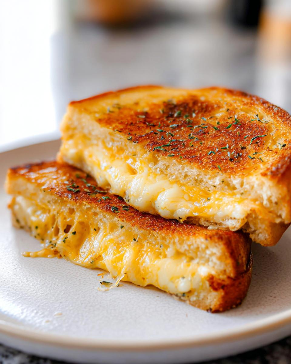 Close-up of a perfectly grilled Garlic Bread Grilled Cheese sandwich, with gooey melted cheese oozing out.