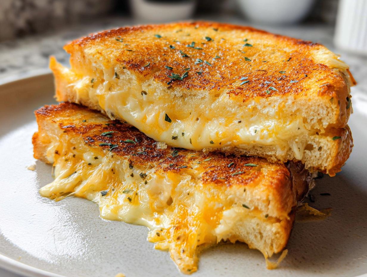 Close-up of a delicious Garlic Bread Grilled Cheese sandwich, with melted cheese oozing out.