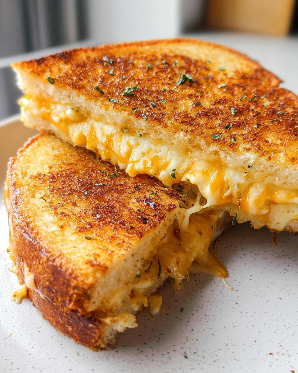 A close-up of a perfectly grilled Garlic Bread Grilled Cheese sandwich, oozing with melted cheese and sprinkled with herbs.