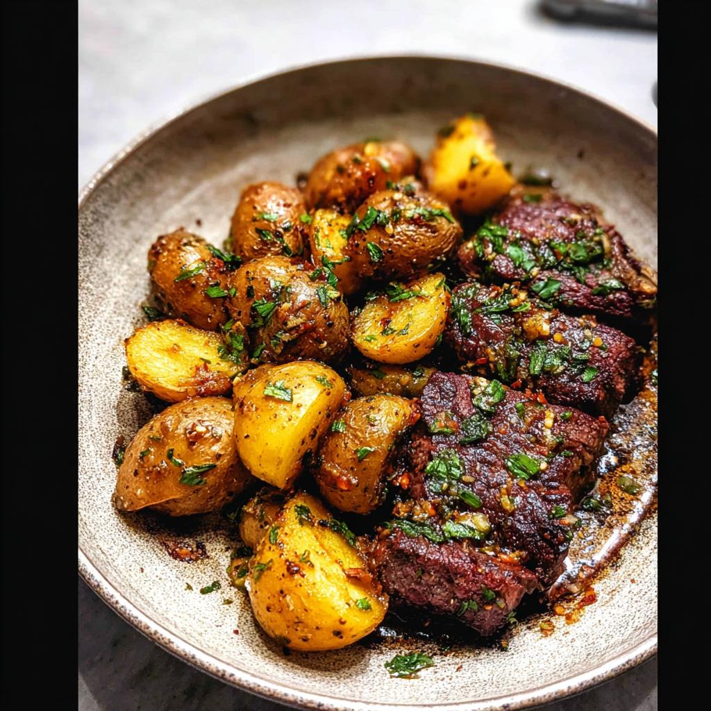 A close-up of a Garlic Butter Steak and Potatoes Skillet, featuring tender steak pieces and golden-brown potatoes, garnished with fresh herbs.