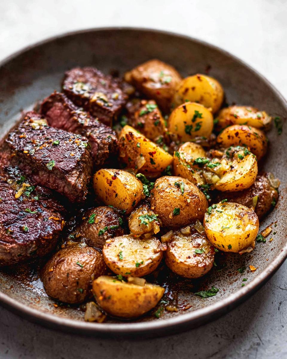 Close-up of a bowl filled with Garlic Butter Steak and Potatoes Skillet, featuring sliced steak and golden roasted potatoes.