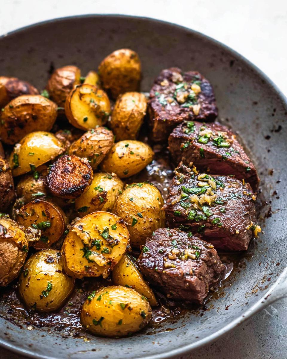 Close-up of Garlic Butter Steak and Potatoes Skillet, featuring tender steak bites and golden roasted potatoes.
