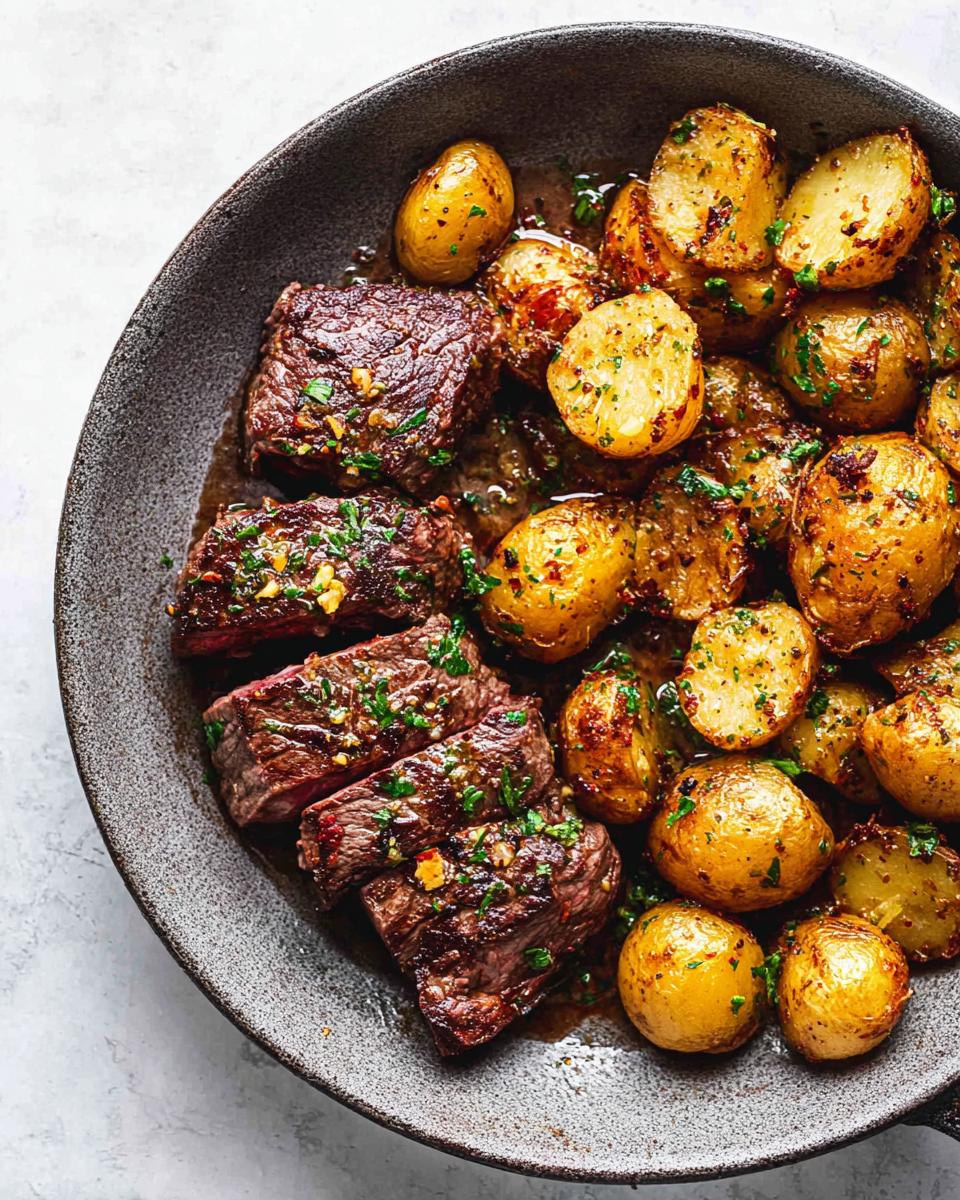A close-up overhead view of a Garlic Butter Steak and Potatoes Skillet, featuring sliced steak and roasted potatoes.