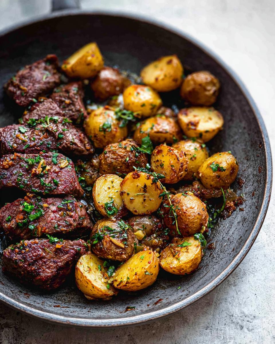 Close-up of a skillet filled with tender steak pieces and golden roasted potatoes, seasoned with garlic and herbs.