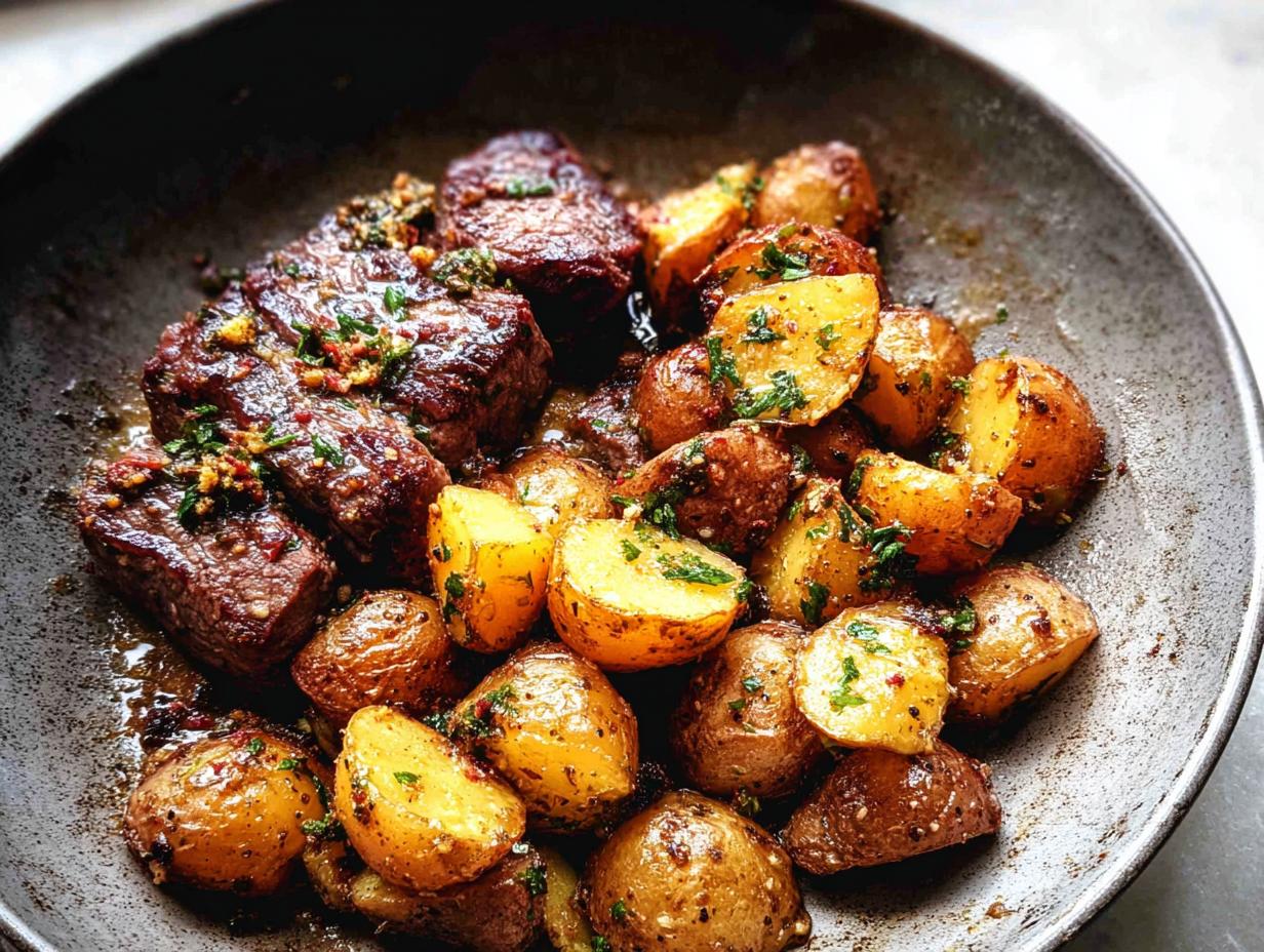 Close-up of a Garlic Butter Steak and Potatoes Skillet, featuring juicy steak bites and golden roasted potatoes.