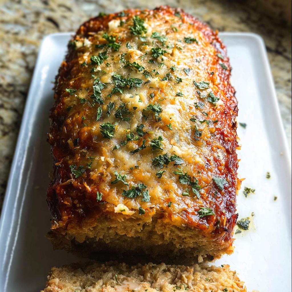 A close-up of a juicy garlic parmesan chicken meatloaf, topped with melted cheese and fresh parsley, with a slice cut.
