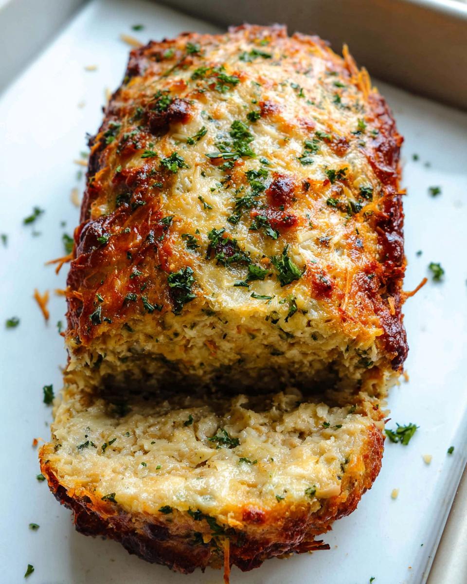 A close-up of a juicy garlic parmesan chicken meatloaf, topped with melted cheese and fresh parsley.