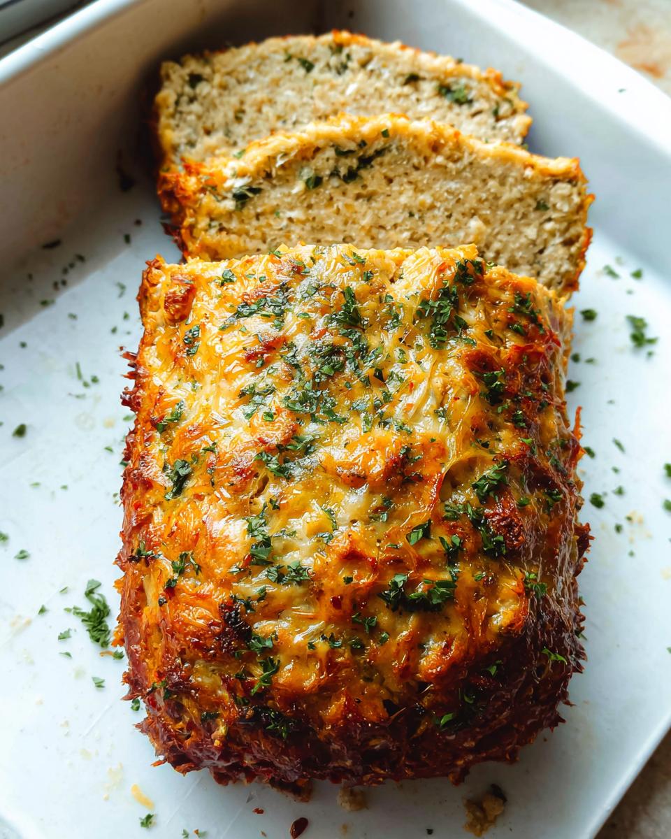 A close-up of a juicy garlic parmesan chicken meatloaf, topped with melted cheese and fresh parsley, sliced in a white dish.