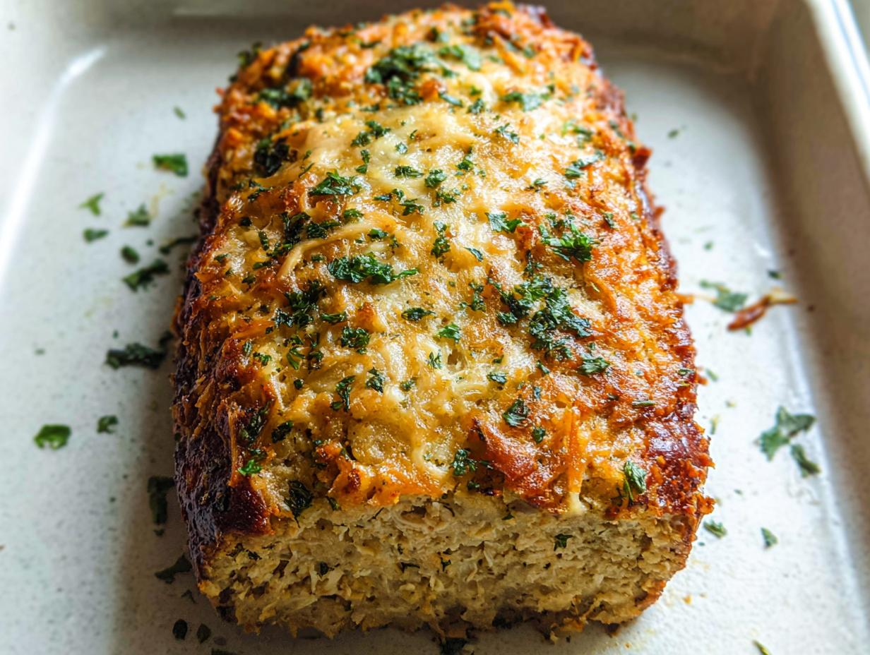 A close-up of a juicy garlic parmesan chicken meatloaf baked in a dish, topped with melted cheese and parsley.