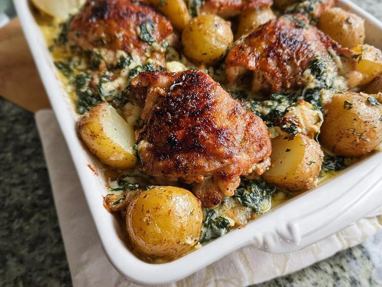 Close-up of a white baking dish filled with golden brown Garlic Parmesan Chicken Thighs and Potatoes nestled in a creamy spinach sauce.