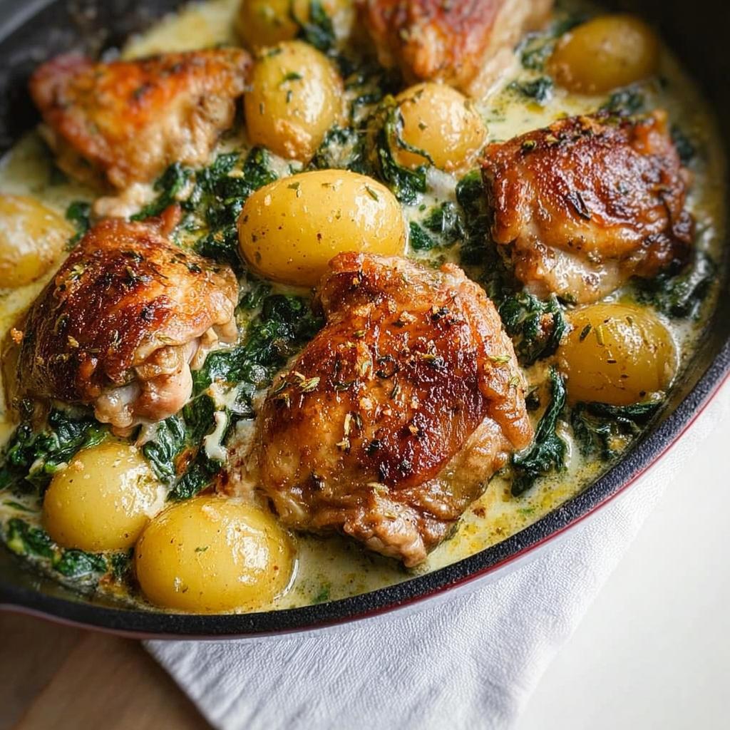 Close-up of golden brown Garlic Parmesan Chicken Thighs and Potatoes nestled in a creamy spinach sauce.
