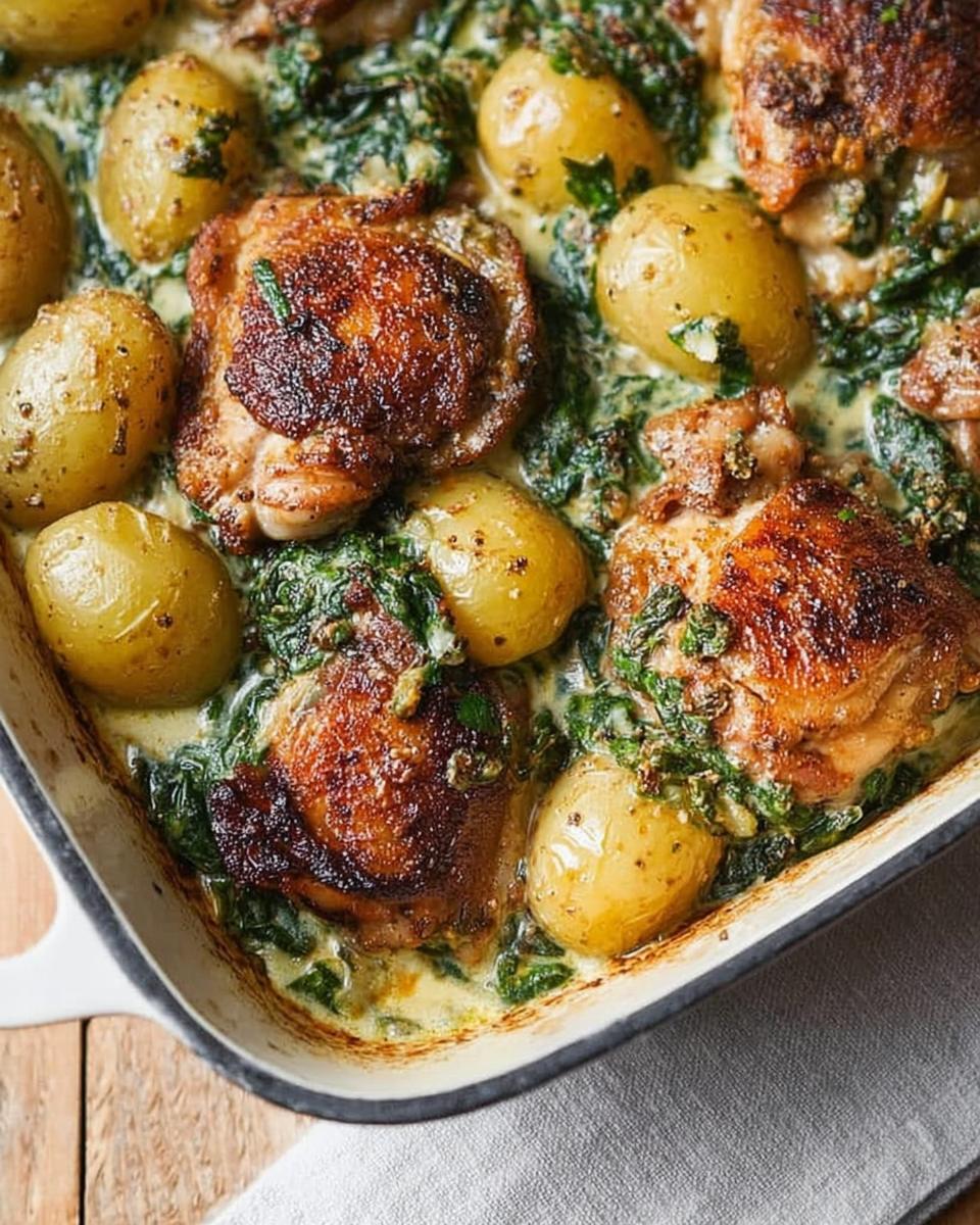 A close-up view of a baking dish filled with Garlic Parmesan Chicken Thighs and Potatoes, with spinach in a creamy sauce.
