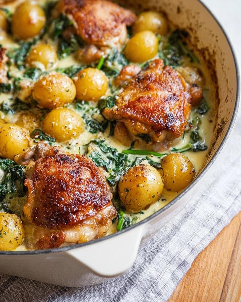 Close-up of Garlic Parmesan Chicken Thighs and Potatoes baked in a creamy sauce with spinach.