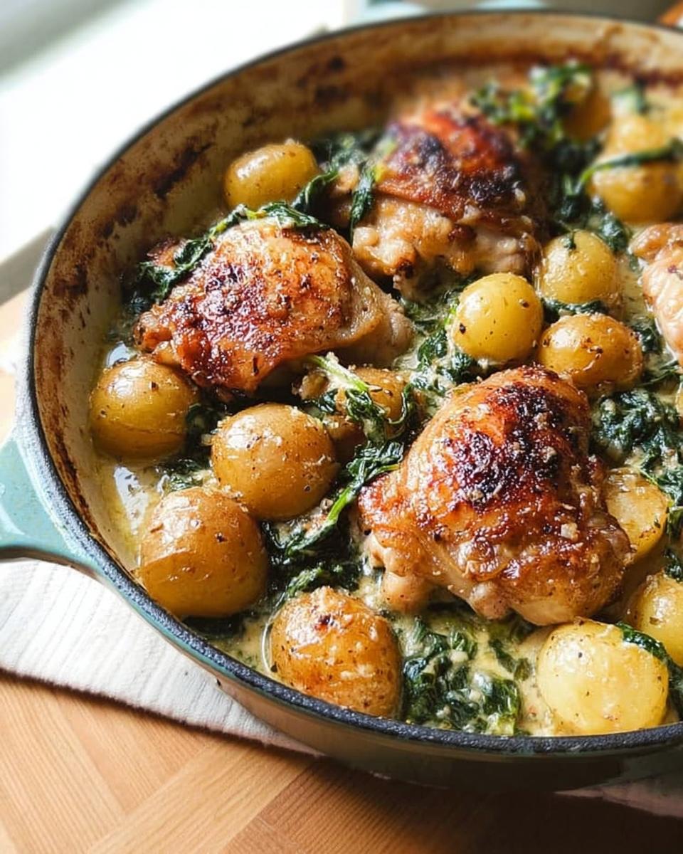 Close-up of juicy Garlic Parmesan Chicken Thighs and Potatoes cooked in a creamy sauce with spinach in a cast-iron skillet.