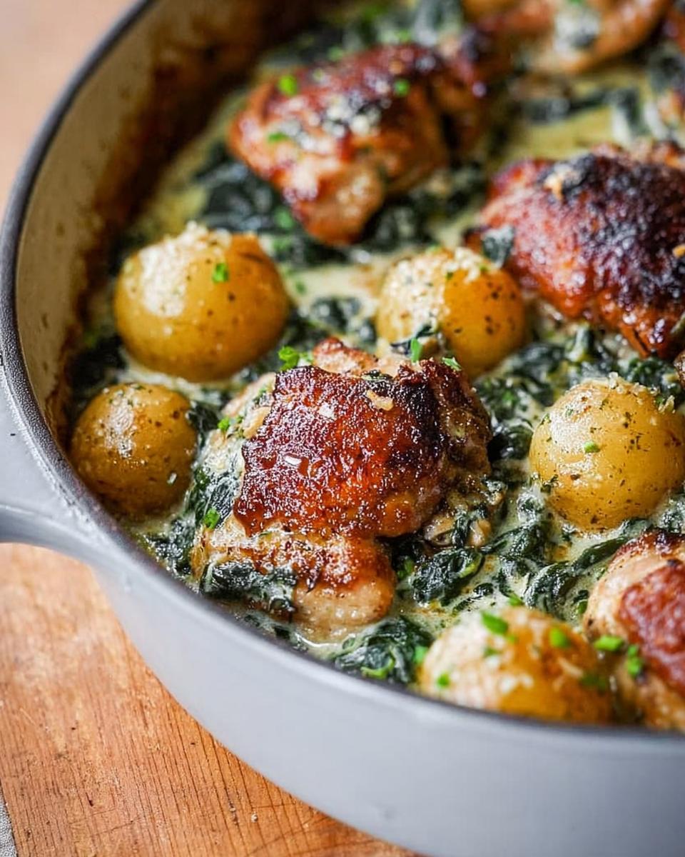 Close-up of juicy Garlic Parmesan Chicken Thighs and Potatoes baked in a creamy spinach sauce.