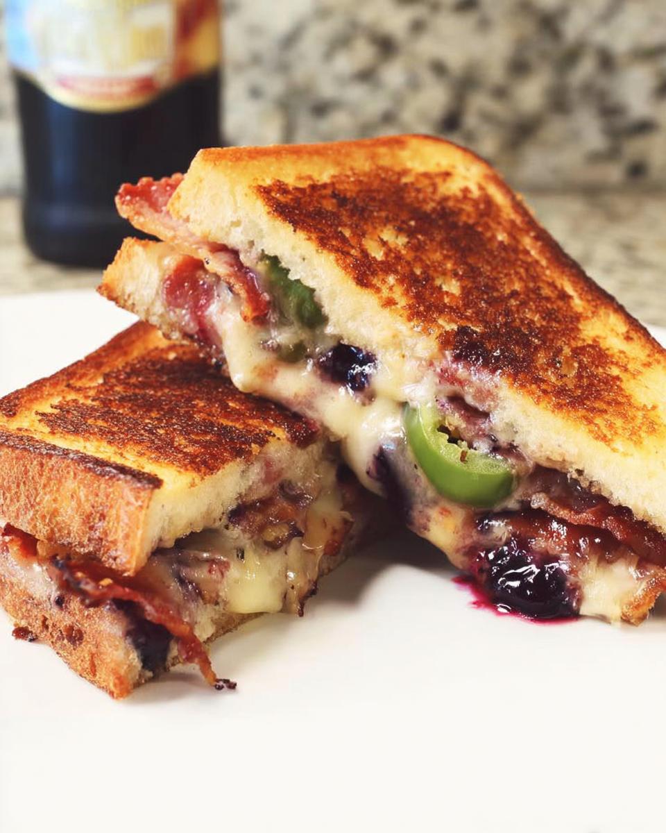 A gourmet blueberry grilled cheese sandwich, cut in half, showing melted cheese, bacon, and blueberries.