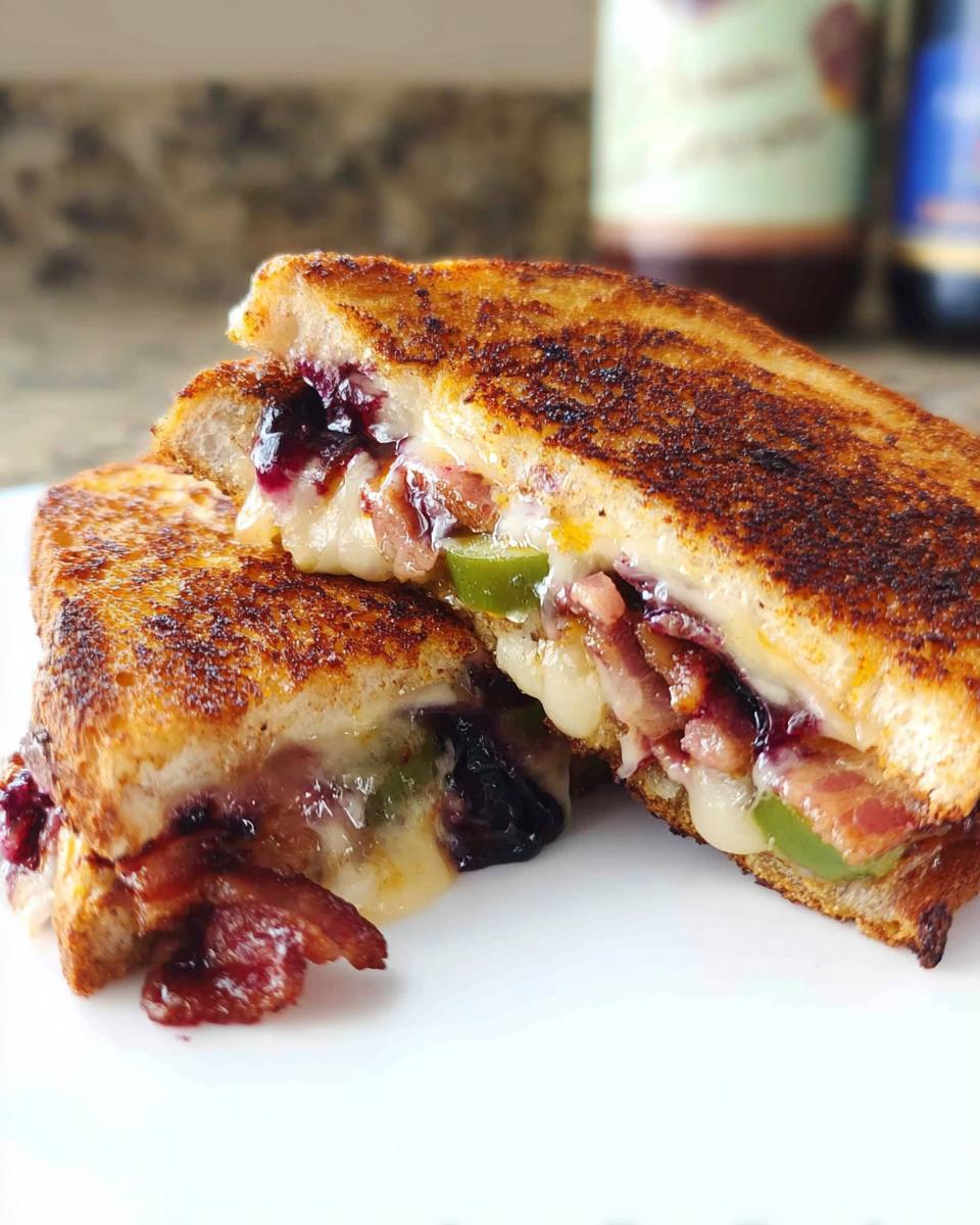 A gourmet blueberry grilled cheese sandwich cut in half, revealing melted cheese, blueberries, and bacon.