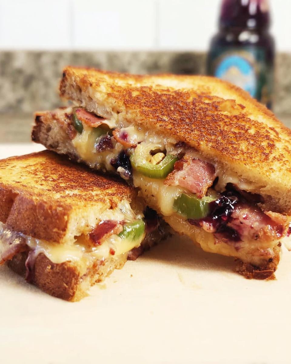 A gourmet blueberry grilled cheese sandwich cut in half, showing melted cheese, bacon, blueberries, and jalapenos.