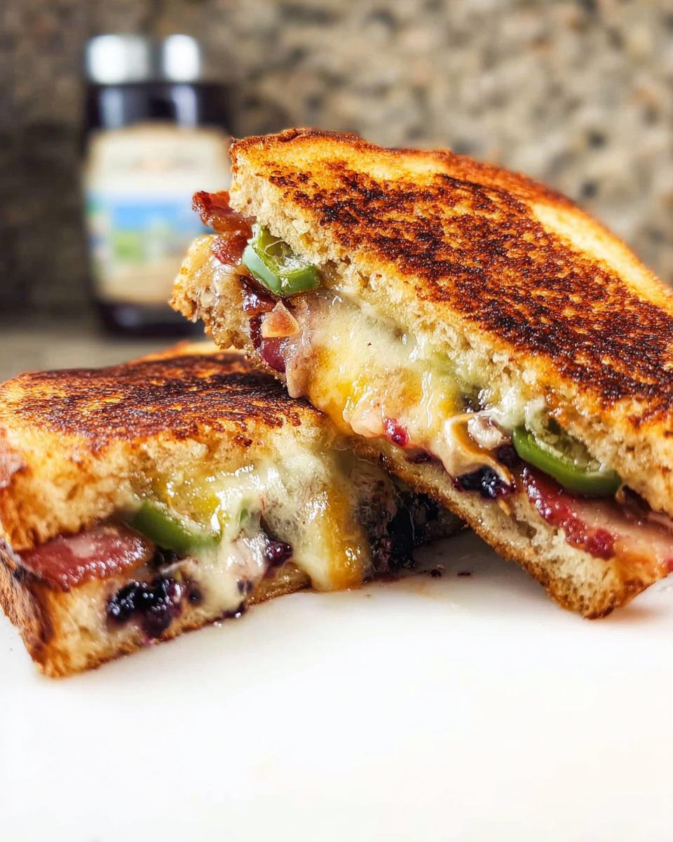 A gourmet blueberry grilled cheese sandwich, cut in half, revealing melted cheese, blueberries, bacon, and jalapeños.