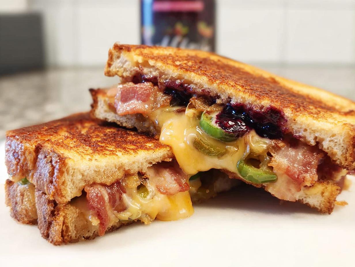 A gourmet blueberry grilled cheese sandwich, cut in half, revealing melted cheese, bacon, and jalapenos.
