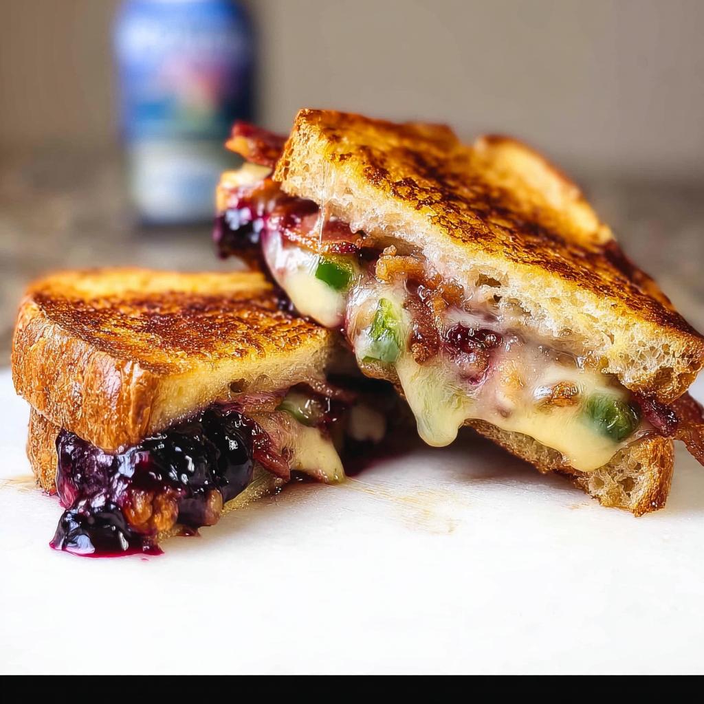 A close-up of a gourmet blueberry grilled cheese sandwich, oozing with melted cheese, blueberries, and bacon.