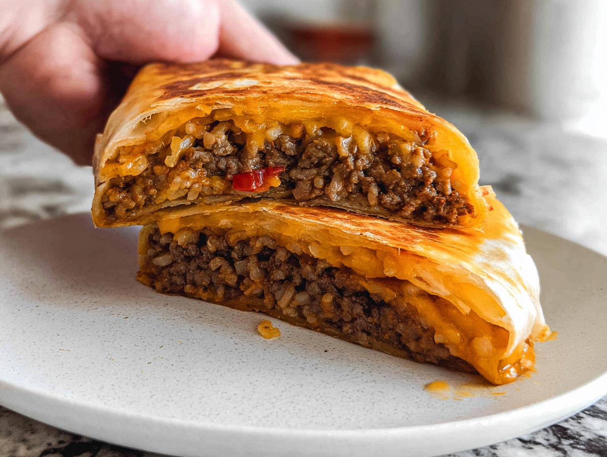 A close-up of a Grilled Cheese Burrito cut in half, revealing seasoned ground beef and rice filling with melted cheese.