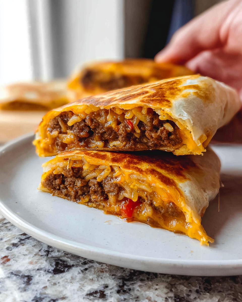Close-up of a Grilled Cheese Burrito cut in half, showing seasoned ground beef, rice, melted cheese, and red pepper.