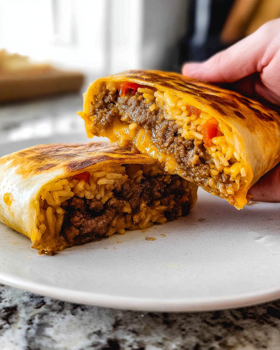 A close-up of a Grilled Cheese Burrito Made Easy, cut in half, revealing a hearty filling of seasoned ground beef, rice, and melted cheese.