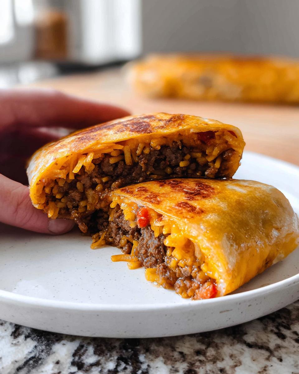 A close-up of a Grilled Cheese Burrito Made Easy, cut in half, showing seasoned ground beef and rice filling with melted cheese.