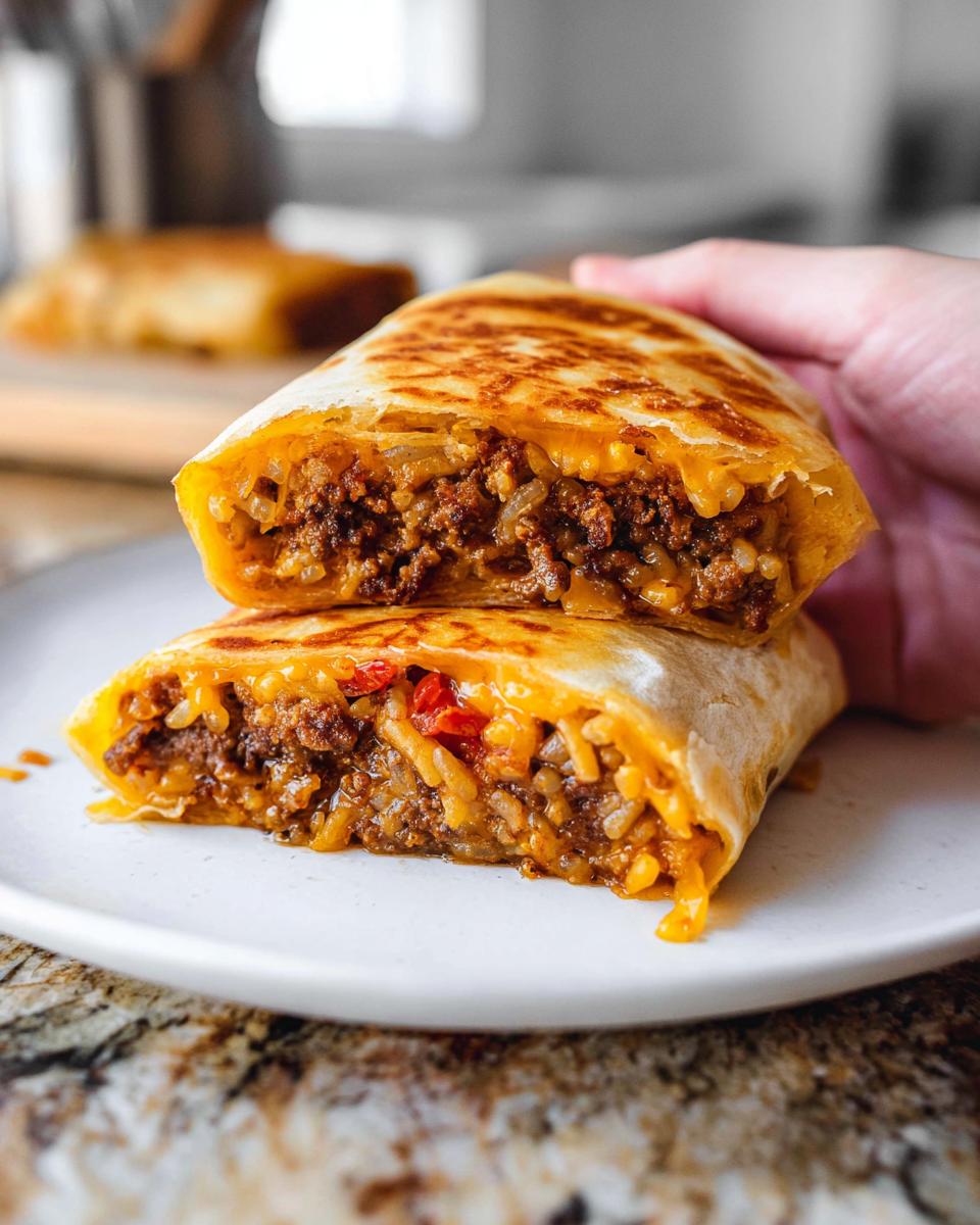Cross-section of a Grilled Cheese Burrito Made Easy, showing seasoned ground beef, rice, melted cheese, and red peppers.