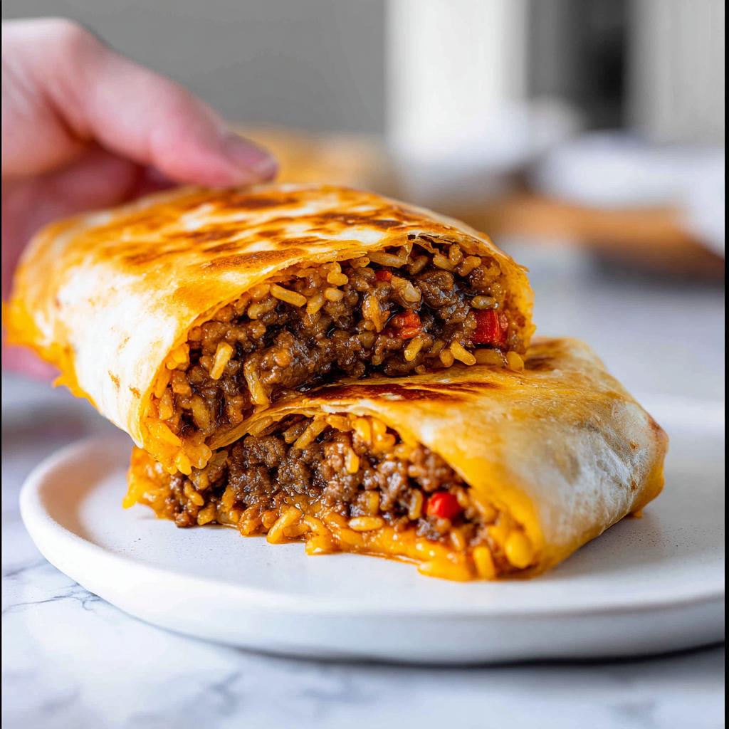 A close-up of a grilled cheese burrito made easy, cut in half to show the savory ground beef and rice filling.
