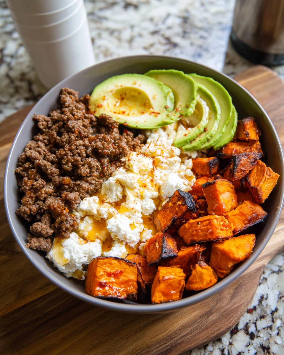A vibrant Ground Beef Hot Honey Bowl featuring seasoned ground beef, creamy feta, sliced avocado, and roasted sweet potato cubes.