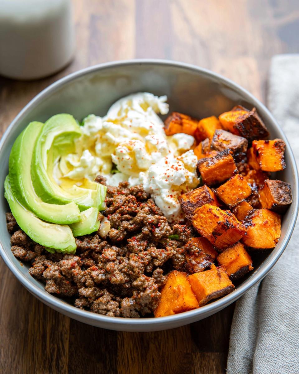 A delicious Ground Beef Hot Honey Bowl featuring seasoned ground beef, scrambled eggs, roasted sweet potato cubes, and sliced avocado.