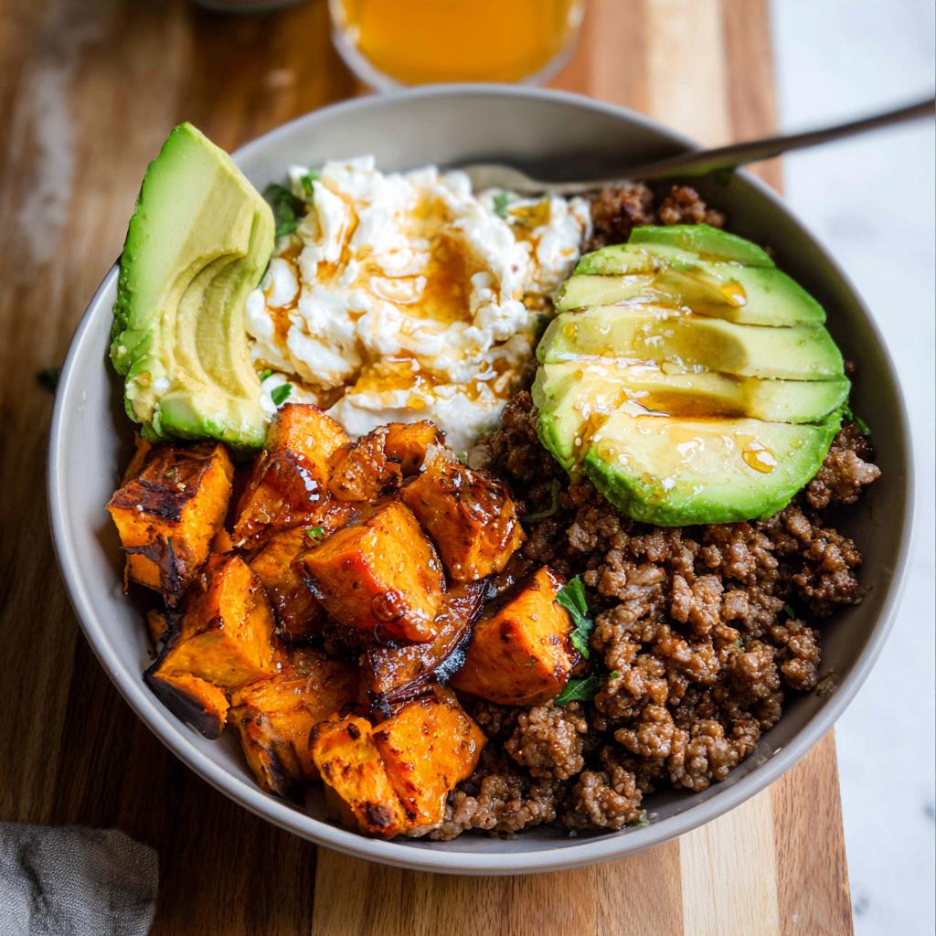 A delicious Ground Beef Hot Honey Bowl featuring seasoned ground beef, roasted sweet potatoes, creamy cheese, and fresh avocado slices.
