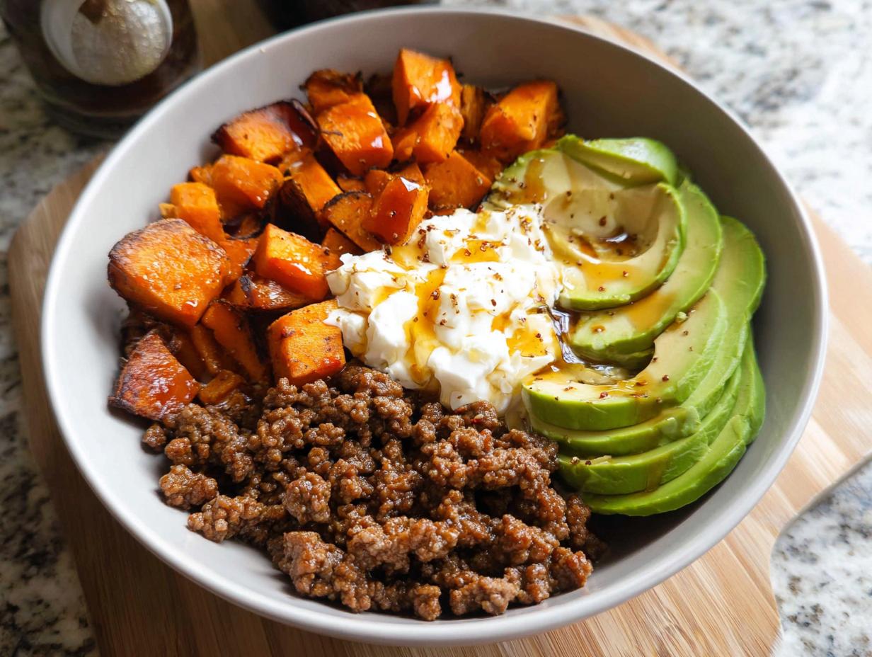 A delicious Ground Beef Hot Honey Bowl featuring seasoned ground beef, roasted sweet potatoes, sliced avocado, and a dollop of cheese.